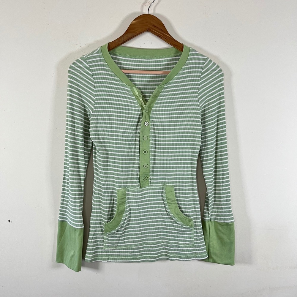Y2K Inspired Striped Long Sleeve Henley Front Pocket Green Bella Swan Large